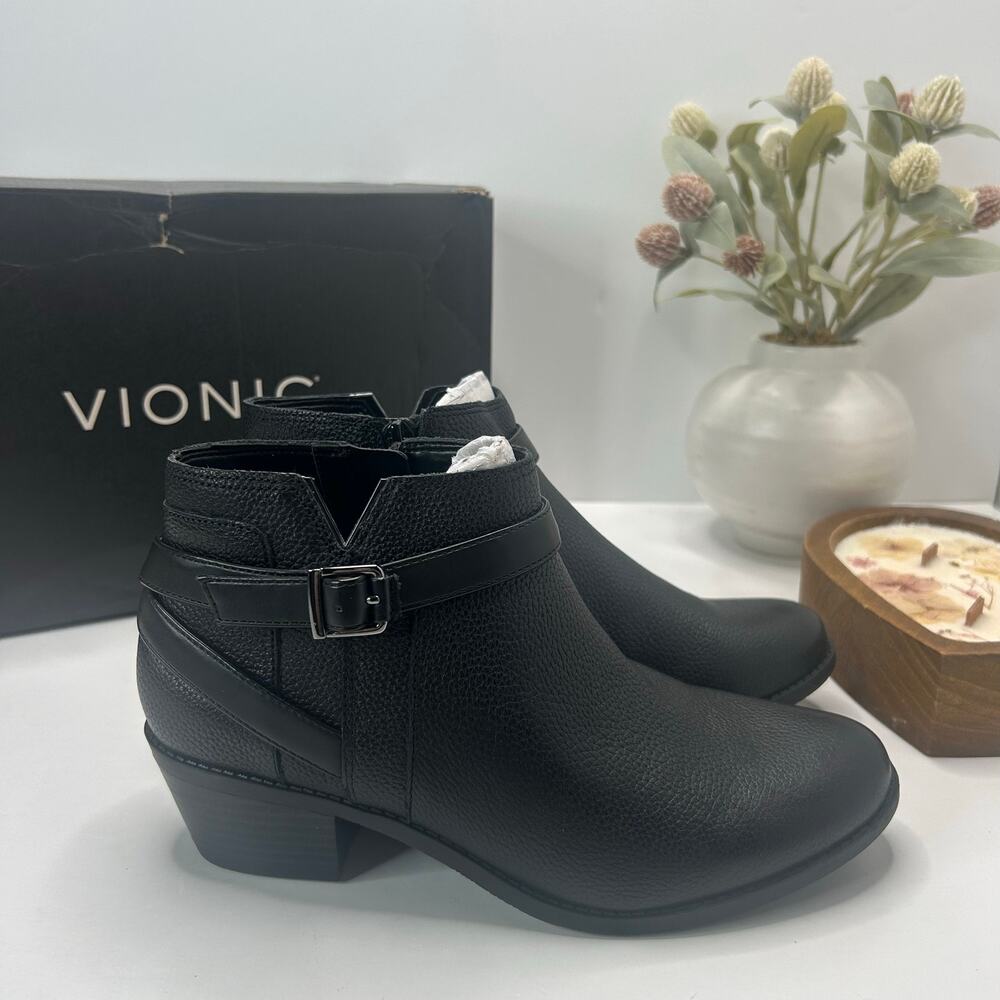 Vionic Farrah Leather Block Heel Side Zip Boot Black Women 8 Medium NWB - Picture 3 of 10